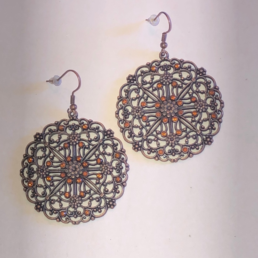 Filigree Copper Tone Drop Earrings with Amber Accents